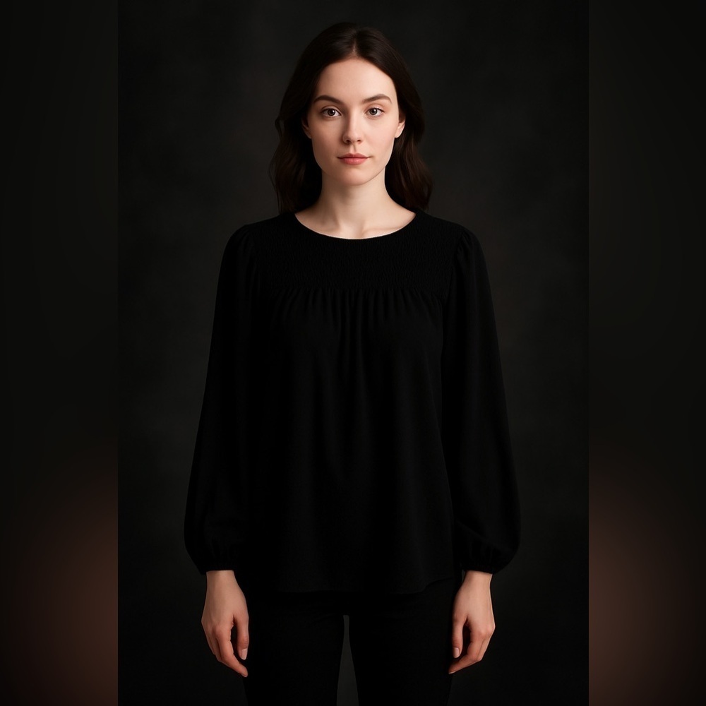Adrianna Papell Black Smocked Crepe Blouse M – Goth Grunge Boho Dark Feminine